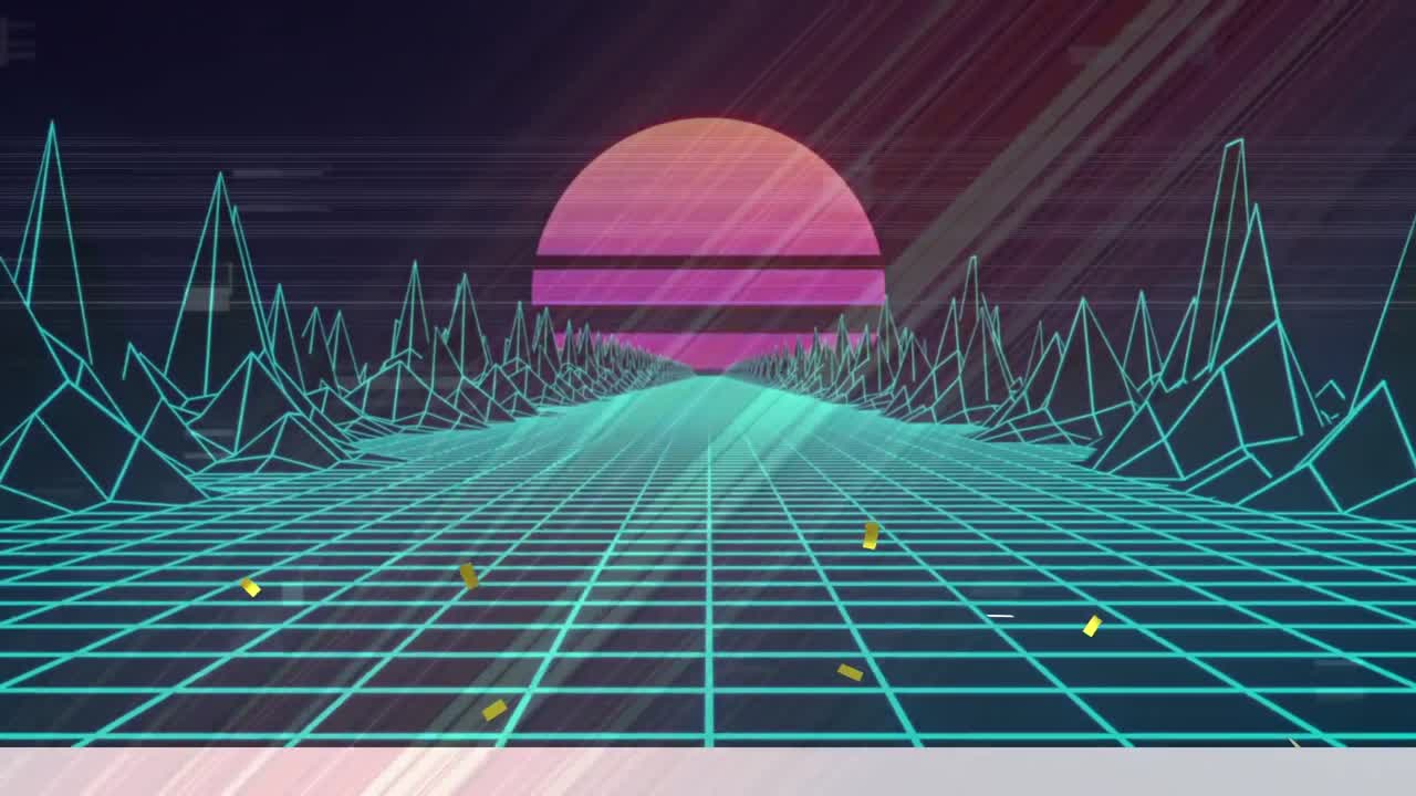 어두운 배경 위에 반이는 네온 기하학적 모양과 풍경의 애니메이션