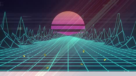 animation of glowing neon geometrical shapes and landscape over dark background