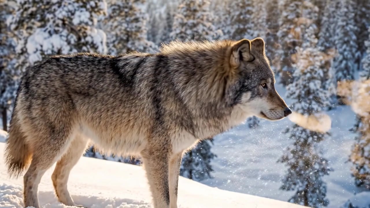 A Majestic Wolf Standing in a Snowy Landscape, Breathe Visible in the Cold Air, Surrounded by Frosty Pines and Snow-Covered Terrain, Epitomizing Wilderness and Serenity