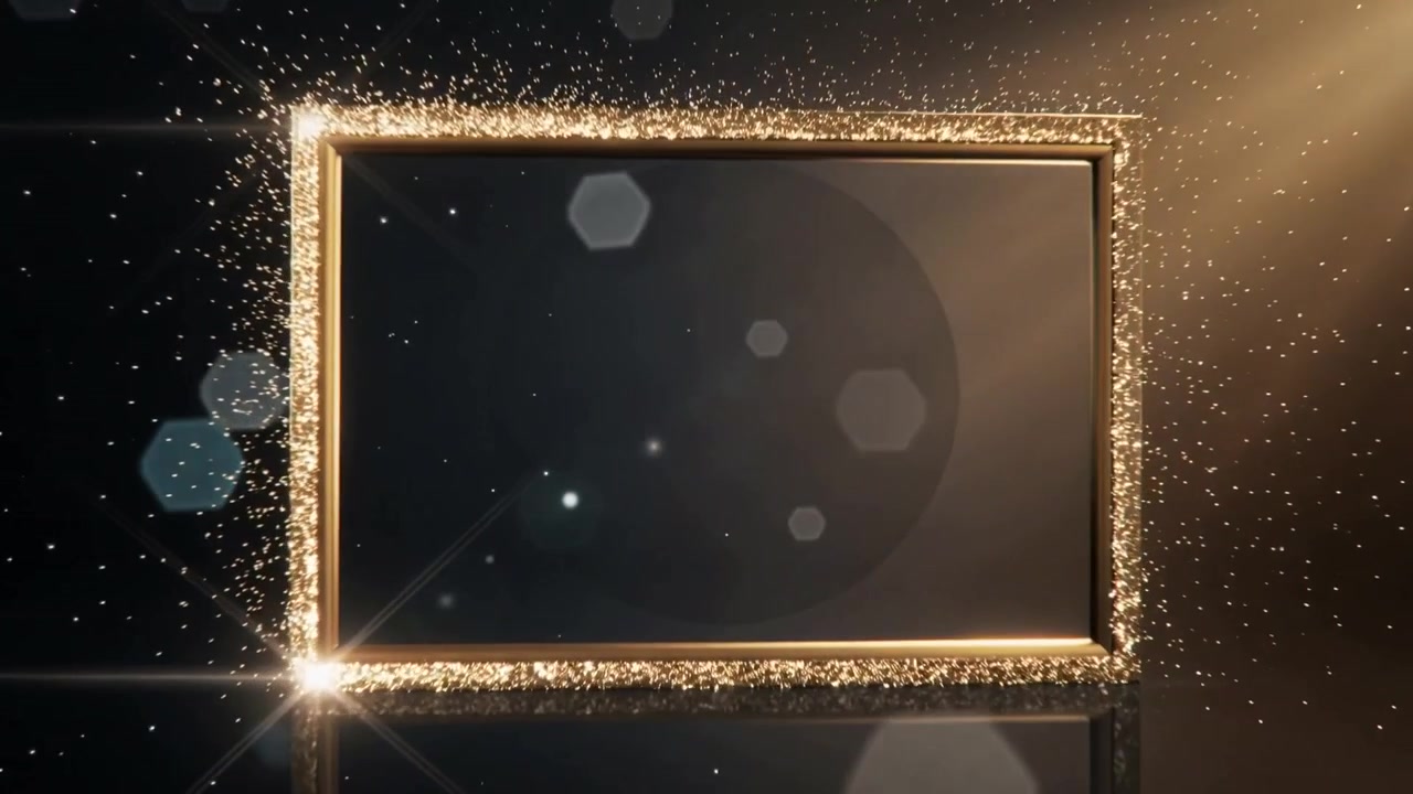 Bagliori che si intensificano, cornice dorata che emette polvere d'oro da destra in studio, formando un'ombra con bordo scintillante