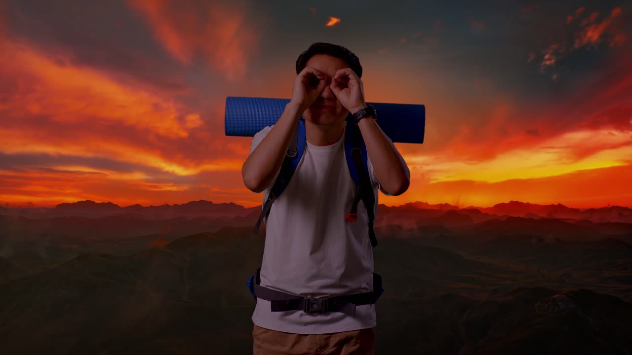 hombre caminando por las montañas al amanecer o al atardecer