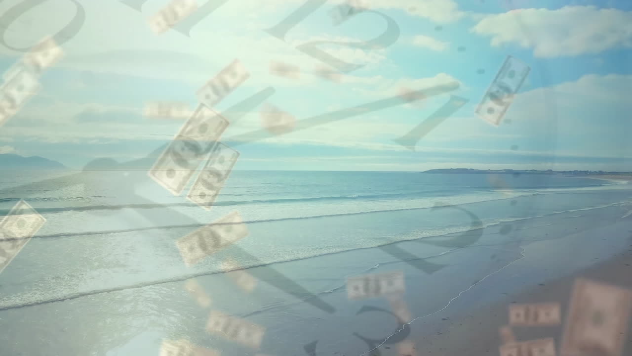 바가 풍경 위에 움직이는 시계와 달러 지폐의 애니메이션