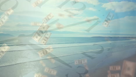 animation of moving clock and dollar banknotes over seaside landscape