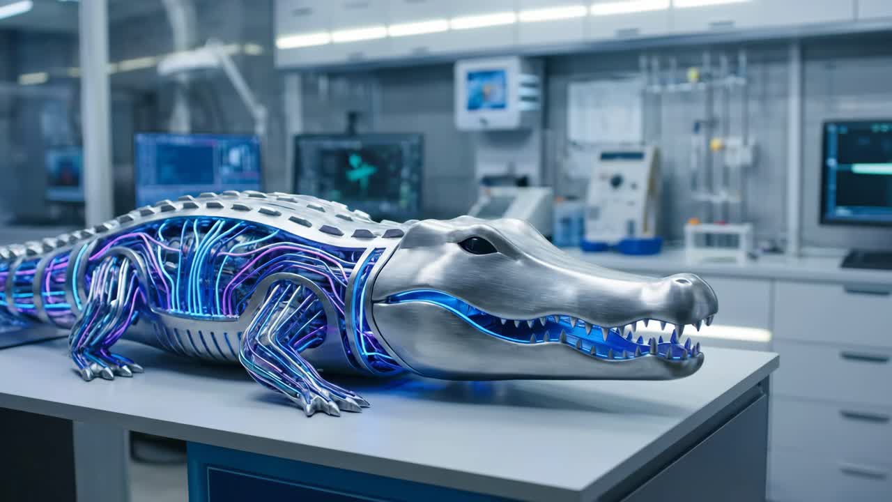 Scienziato attiva un alligatore robotico con IA luminosa in un laboratorio moderno