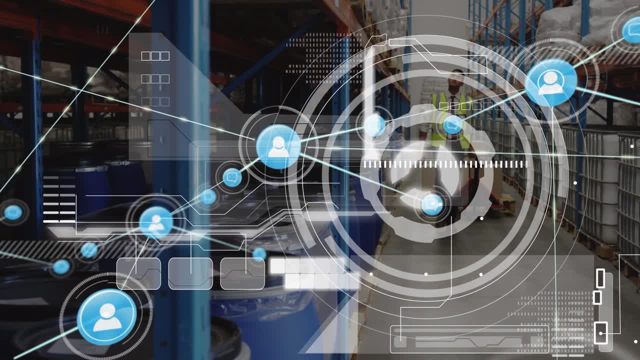 Animation of circles, database, connected icon, caucasian worker pulling pallet jack in warehouse