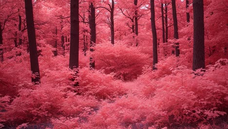 a captivating journey through a vibrantly colored forest: exploring ethereal landscapes of glowing red foliage and towering trees in enchanting nature