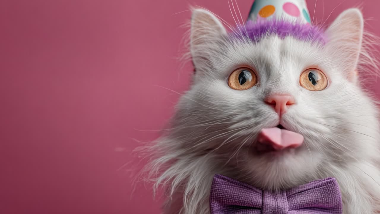 Seekor Kucing Putih Ceria dengan Topi Pesta dan Dasi Kupu-Kupu Menjulurkan Lidahnya dengan Latar Belakang Merah Muda, Sempurna untuk Merayakan Momen Menyenangkan Bersama Hewan Peliharaan