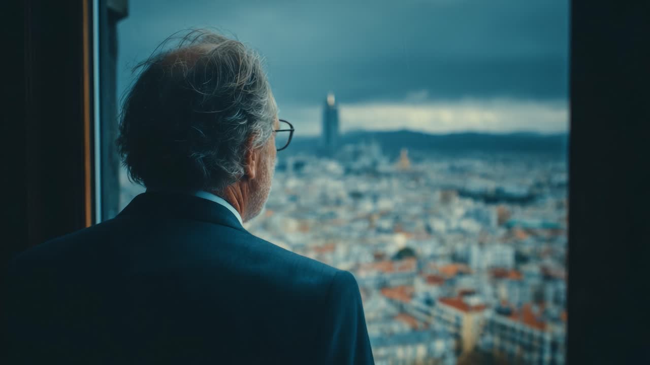 Contemplazione sul Paesaggio Urbano: Un uomo osserva il vasto skyline urbano sotto un cielo cupo, cogliendo un momento di riflessione e solitudine in un mondo moderno.