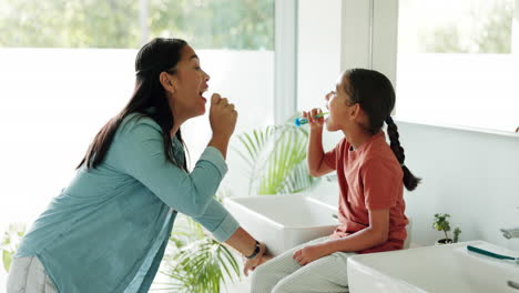 Mother, teaching or kid in bathroom brushing teeth