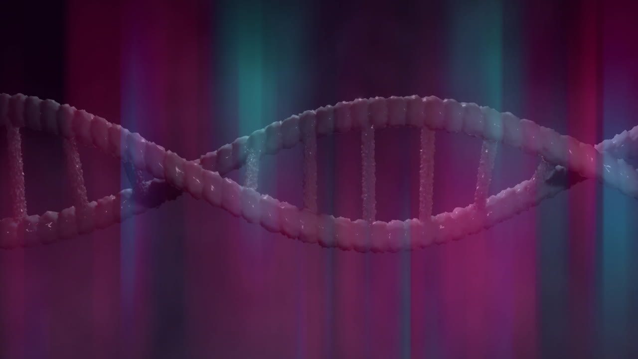 Animation of DNA strand twisting against vibrant pink and purple background