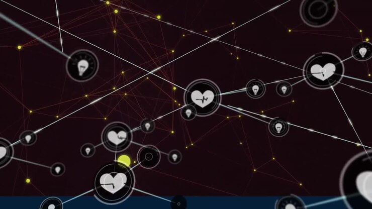 Animation of network of connections with heart icons on black background