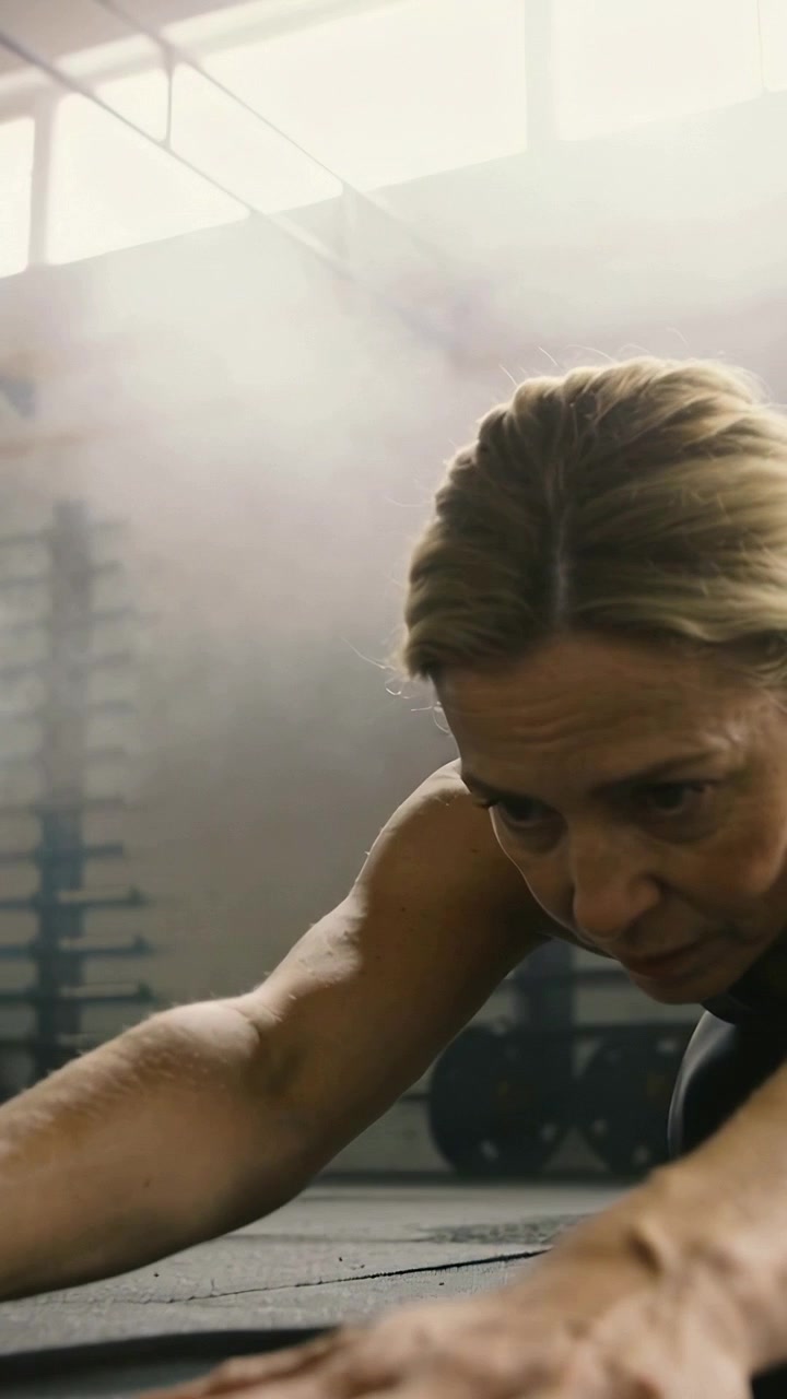 Vertical video: Starting breath, reaching woman extending arms on gym mat in dark tank for mobility