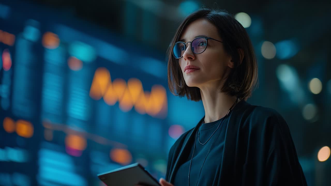 Focused Professional Analyzing Data Trends with a Tablet in a Modern Technology Environment Featuring Advanced Graphical Displays and Insights