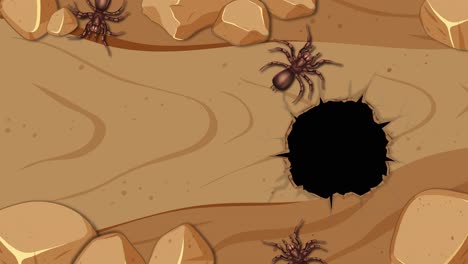 animated spider moves cautiously around a dark hole in sandy terrain, showcasing curiosity and natural behavior