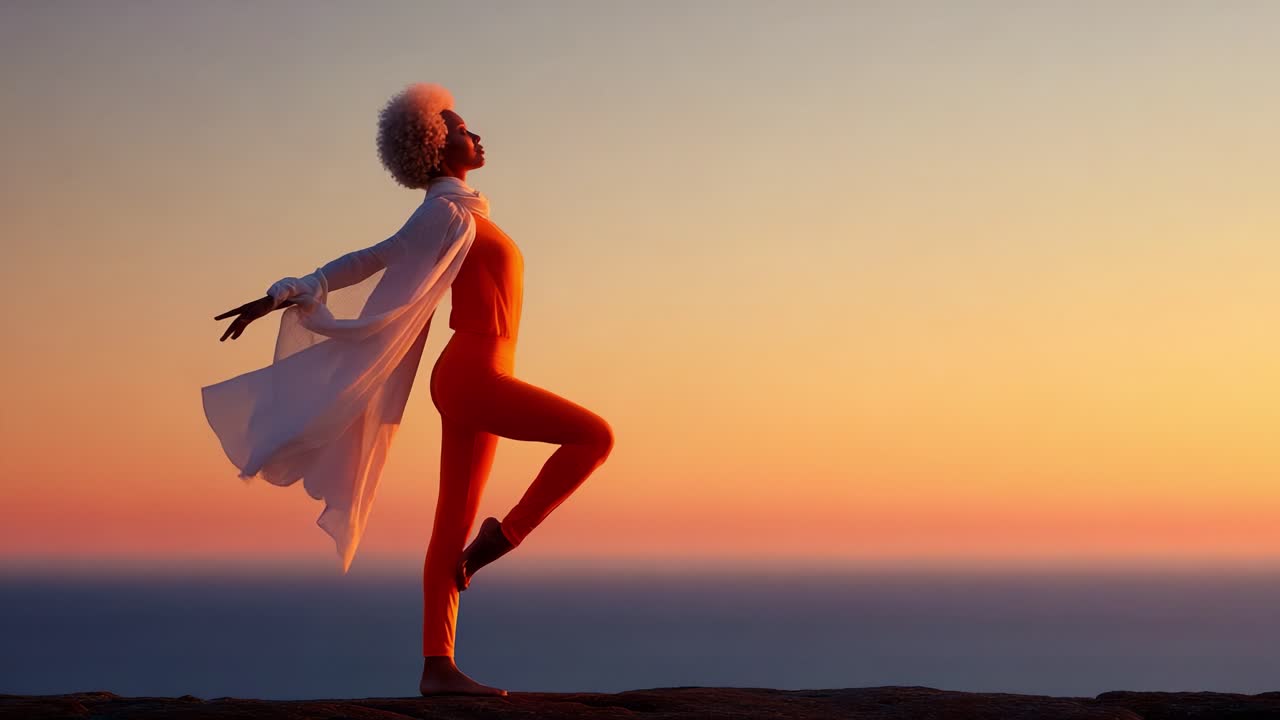 Et fredfyldt øjeblik er fanget ved solnedgang, der viser en person i et orange outfit med et flydende, hvidt tørklæde, som udtrykker frihed og ro mod en levende horisont.