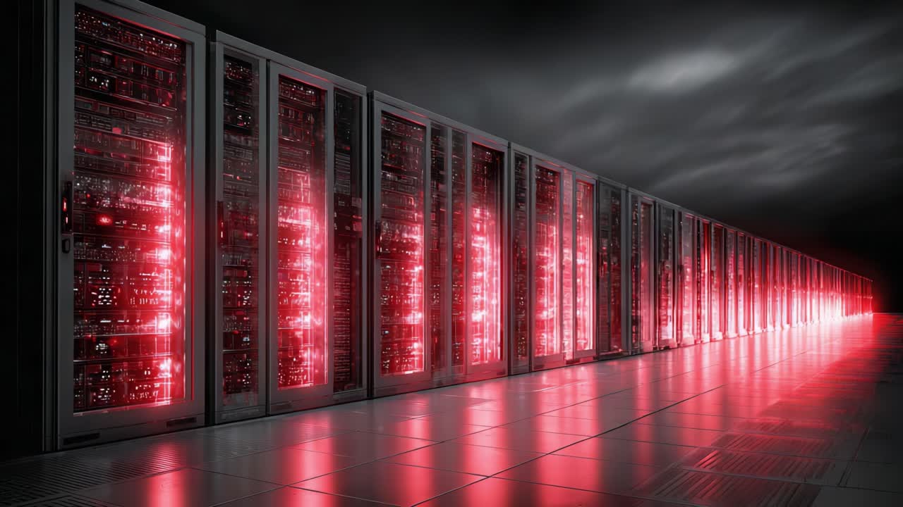 A Dramatic Perspective of a High-Tech Data Center Featuring Rows of Brightly Lit Servers Reflecting in a Futuristic Atmosphere, Perfect for Exploring Technology and Innovation