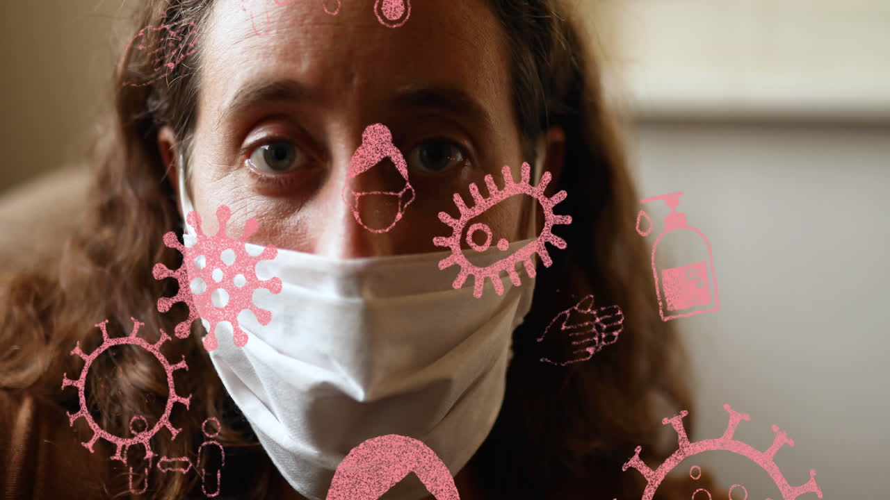 Coronavirus concept icons against woman wearing face mask