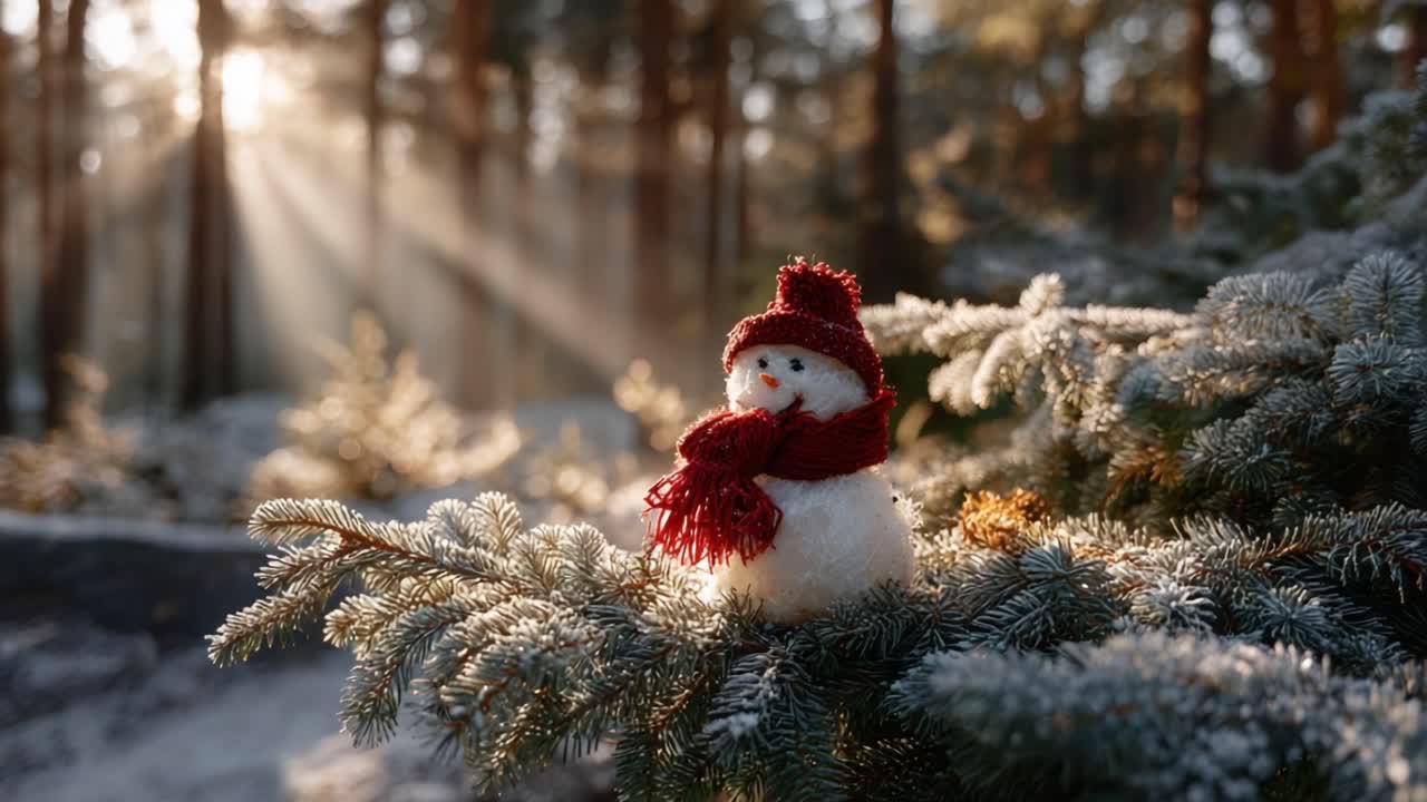 A Cheerful Snowman Adorned with a Red Scarf and Hat Stands Proudly on Frosty Evergreen Branches as Warm Sunlight Filters Through a Winter Forest