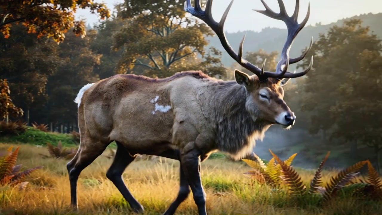 Un cervo con palchi ramificati esce dal limitare del bosco, camminando attraverso una radura erbosa, con le felci che si muovono