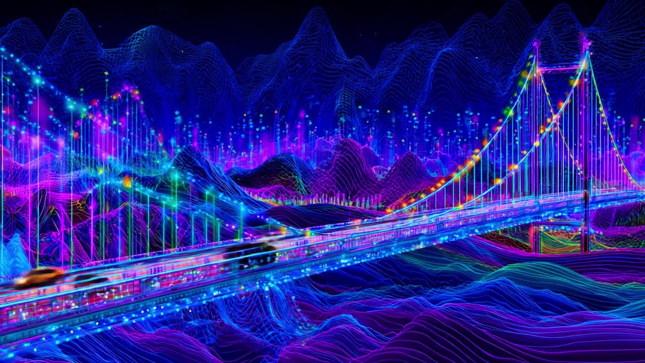 A Stunning Abstract Neon Cityscape with a Vibrant Bridge Illuminated by Multicolored Lights and Surrounded by Waves of Colorful Patterns and Intriguing Mountainous Landscapes