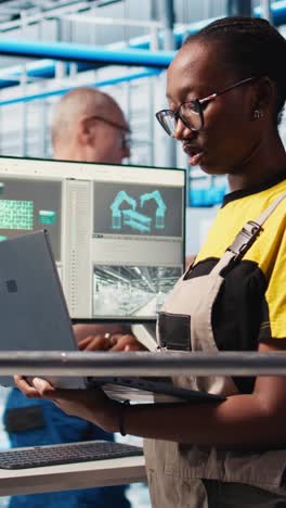 vertical video smiling engineer overseeing smart factory, looking at collected data on laptop
