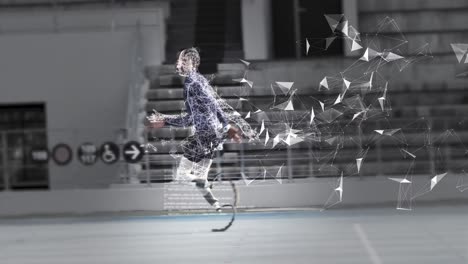 animation of mixed race male disabled athlete with prosthetic legs exercising at a sports stadium