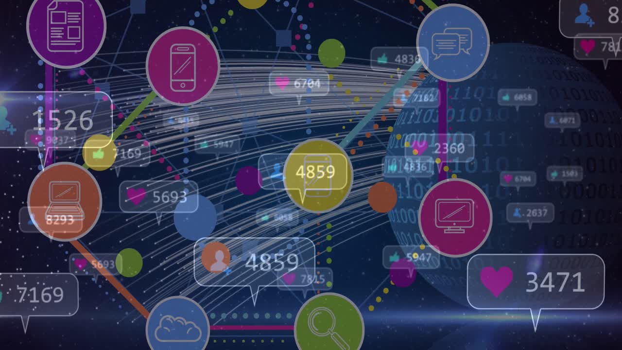 Animation of falling numbers and icons over dark background