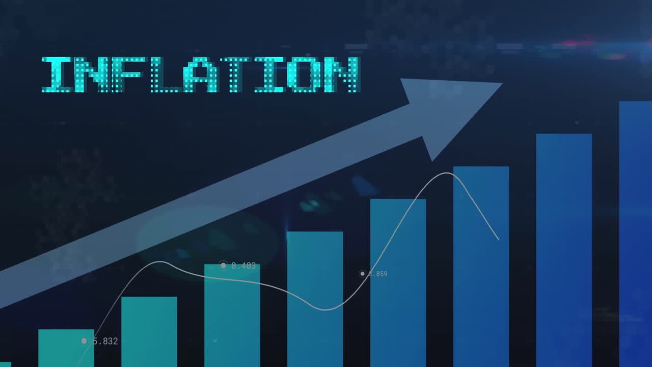 Animation of inflation text in blue with arrow and graph over charts processing data