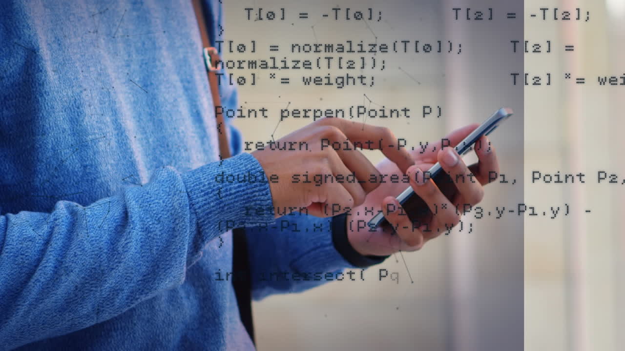 Animation of data processing over man using smartphone
