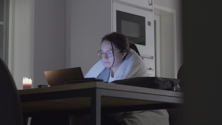 Woman in the kitchen wrapped in a blanket studying on the computer