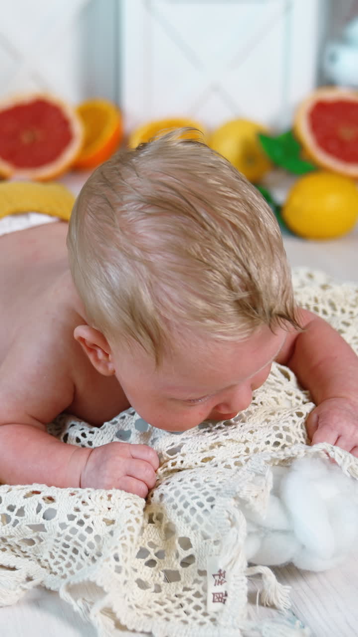 Lovely newborn boy wearing yellow pants lies on the pillow. Blond Caucasian infant trying to hold his head. Oranges and plants at backdrop in blur. Vertical video