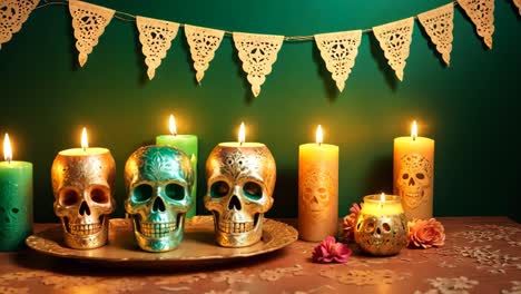 día del altar de los muertos con calaveras de azúcar y velas