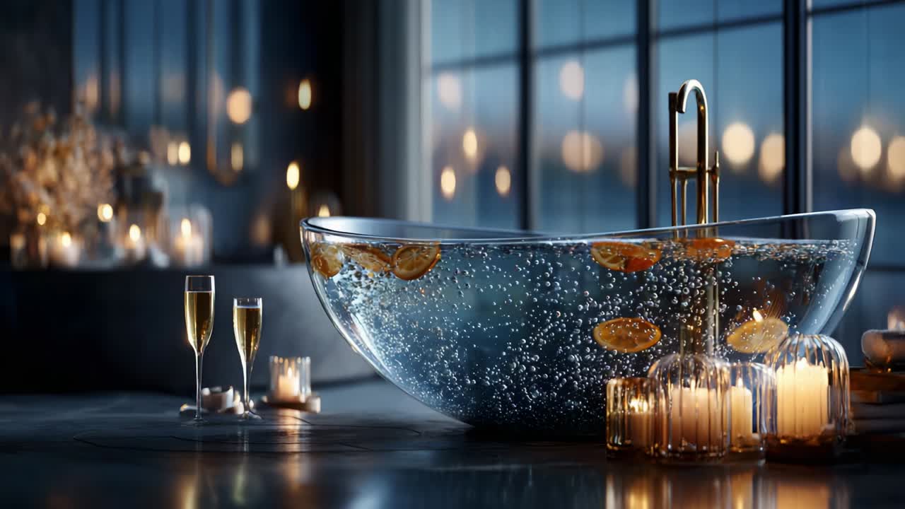 A Luxurious Bathtub Scene Featuring Bubbling Water, Floating Citrus Slices, Elegant Glassware, and Softly Glowing Candles, Perfectly Set Against a Warm, Romantic Ambiance of Soft Lighting and Reflections