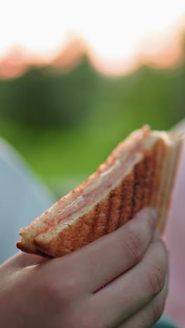 vista parcial de personas disfrutando de sándwiches, fondo ligeramente borroso capturando una atmósfera al aire libre relajada, centrarse en el sándwich que se sostiene, con naturaleza verde y iluminación suave en la distancia
