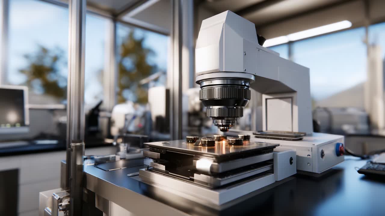 High-Precision Optical Microscope Observing Samples in a Modern Laboratory Environment, Showcasing Advanced Imaging Technology and Precision Engineering for Detailed Analysis and Research