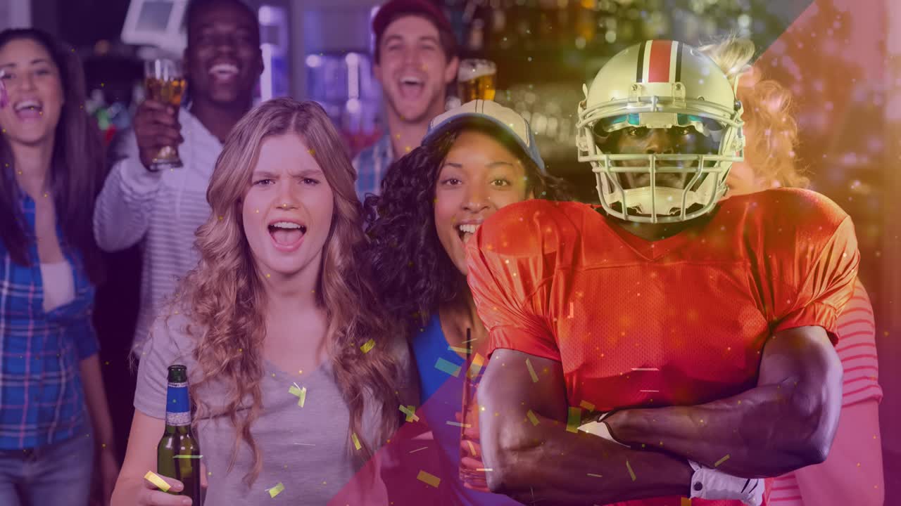 animación de confeti cayendo sobre un jugador de fútbol americano y amigos celebrando con bebidas