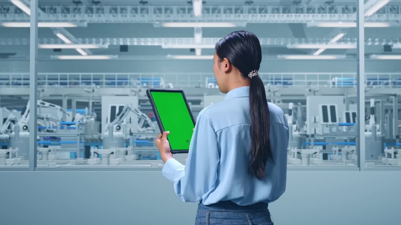 Factory worker using a tablet in a modern factory