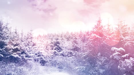 Animation-of-landscape-with-winter-scenery-and-fir-tree-forest-covered-in-snow