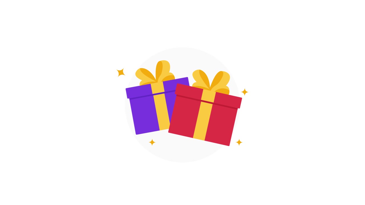 Scatole regalo animate rosse e viola con nastri.