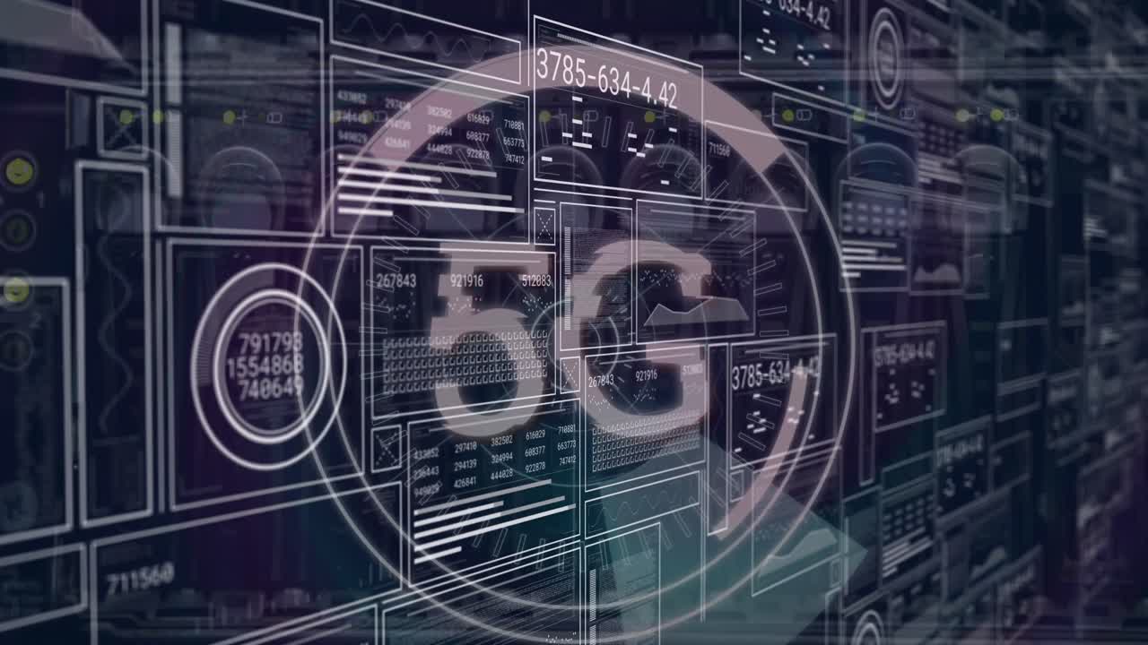 Animation of round scanner and interface with data processing against close up of a computer server
