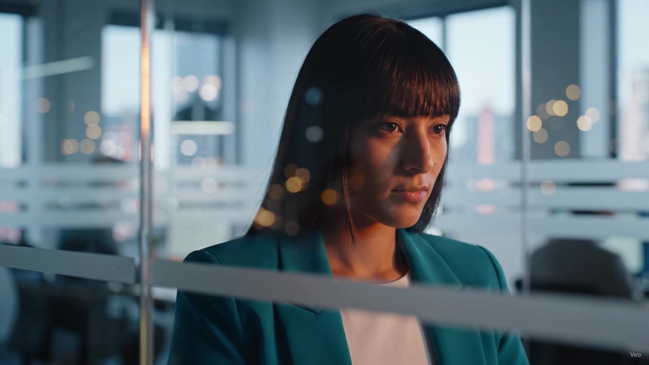 A contemplative woman gazes out through an office window, reflecting on thoughts and experiences, as city lights create a serene and focused atmosphere.