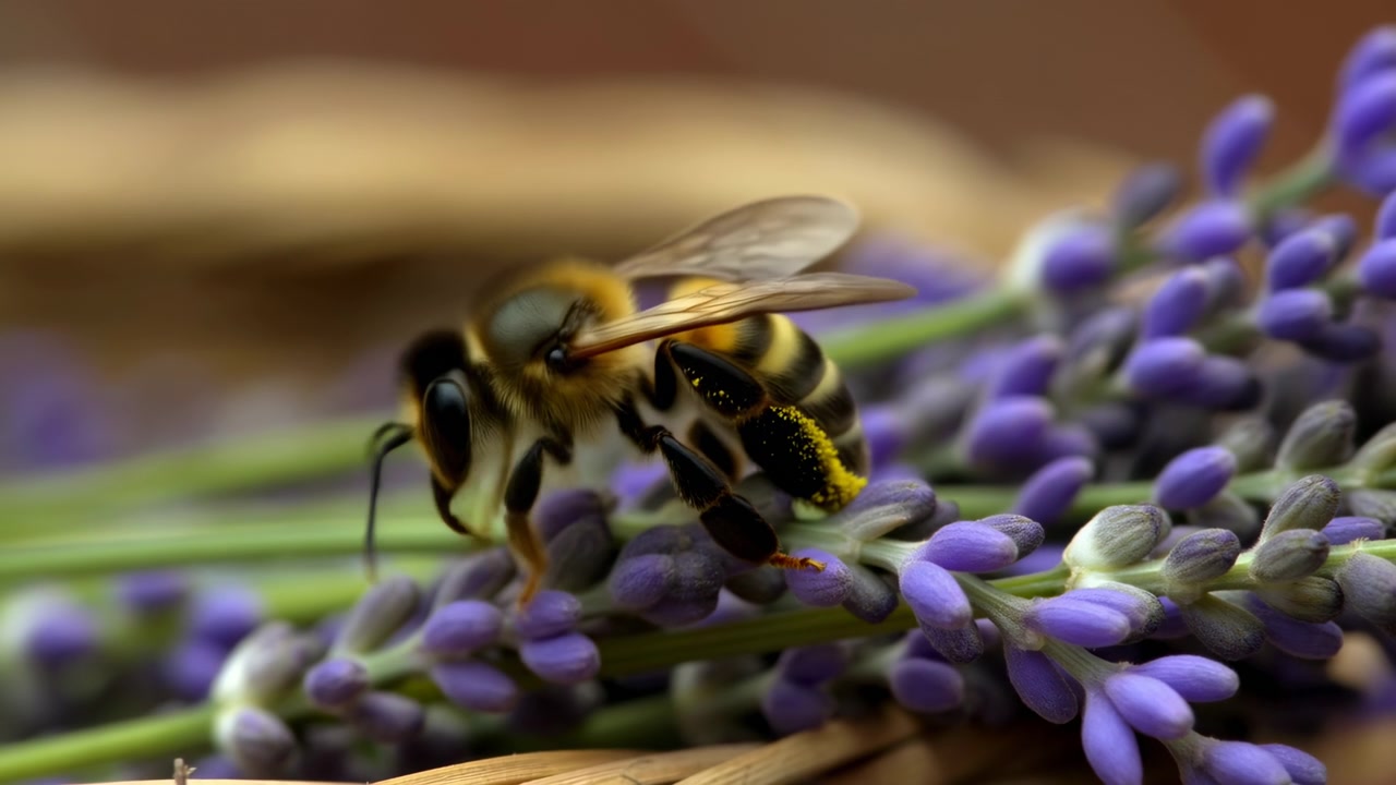 Abeille butinant parmi des bourgeons floraux violets avec des pattes arrière chargées de pollen, une aile levée et des tiges diagonales en vue macro peu profonde avec un bokeh doux et une lumière naturelle de jardin.