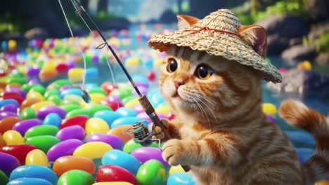 a charming cat with a straw hat fishing over a colorful array of floating jelly beans in a lively stream - an adorable moment captured in animation