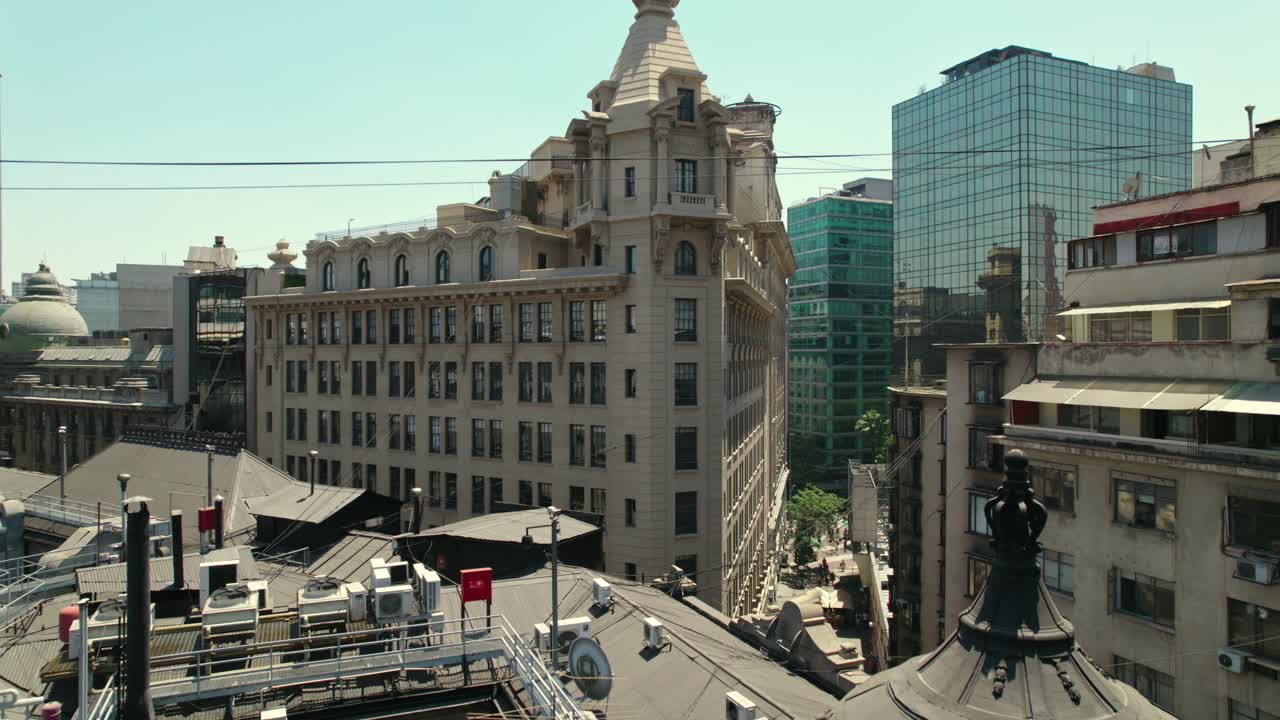 Bird's eye view boom down of the Arizt&iacute;a building on New York Street Santiago Chile