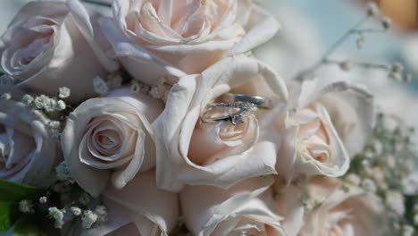 bouquet of roses with wedding rings of the groom and bride between their petals