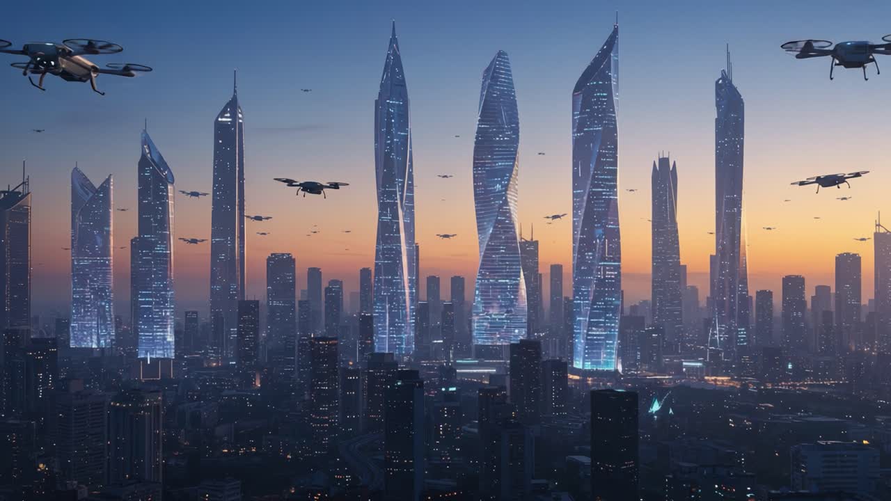 A Stunning Urban Skyline at Dusk: Futuristic Tall Buildings and Drones Captured in a Vibrant City Landscape with Glowing Lights and a Colorful Sunset