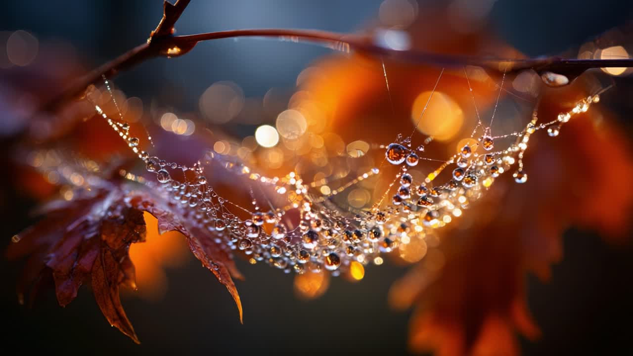 Delicate Beauty of Nature: A Glowing Spider Web Adorned with Raindrops Reflecting Light on Autumn Leaves in a Captivating Early Morning Scene