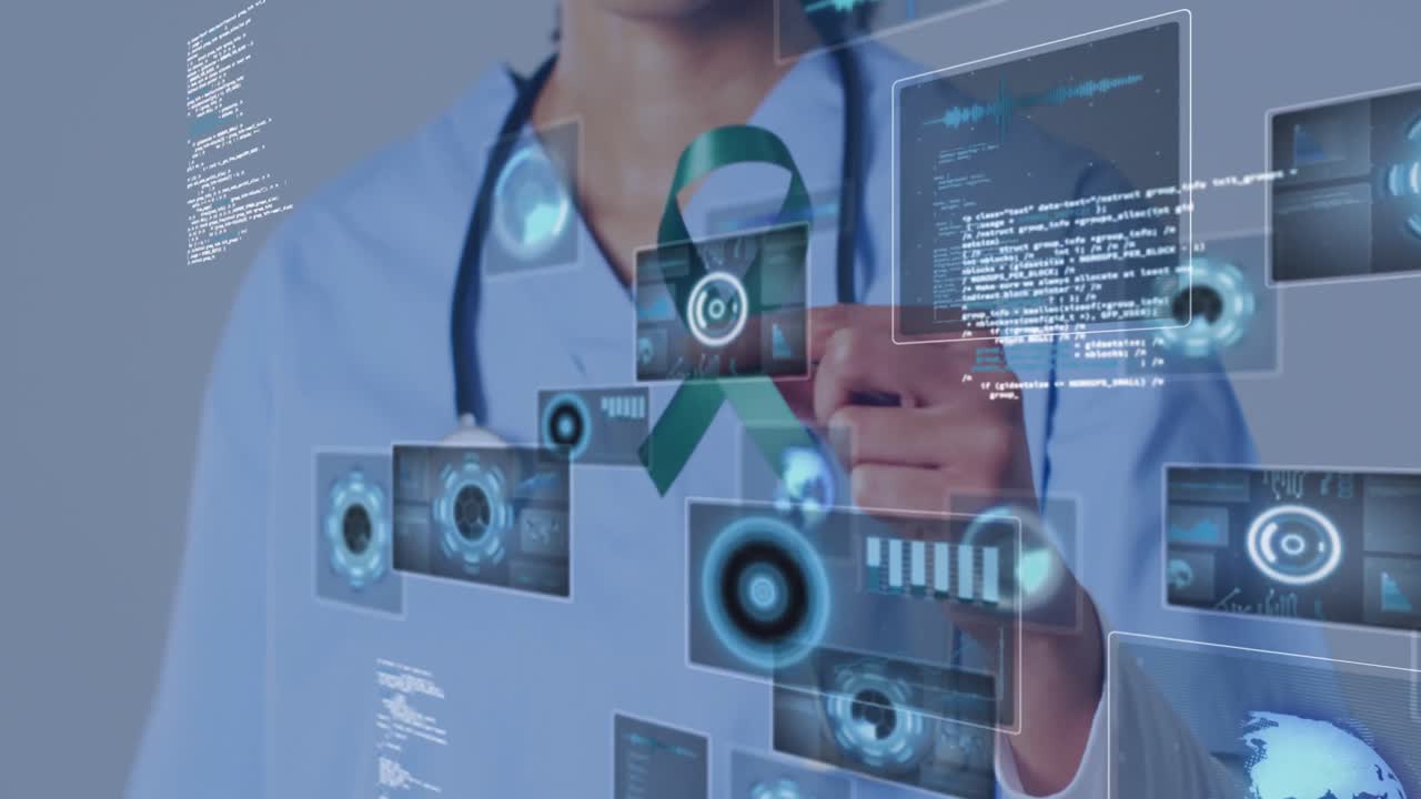 Animation of scopes and data processing on screens over caucasian female doctor holding green ribbon