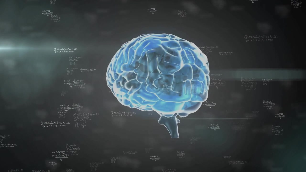 Neon-blue translucent 3D brain rotating while white formulas drifting across dark smoky backdrop