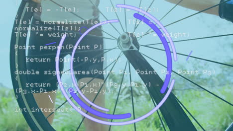 animación del procesamiento de datos sobre las piernas de una motociclista caucásica con bicicleta